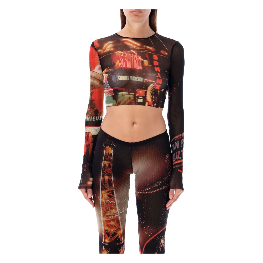 Jean Paul Gaultier Doorschijnende Mesh Top Pigalle Zwart Rood Oranje Multicolor Dames