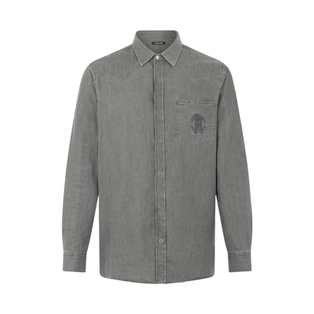 Roberto Cavalli Black Grey Cotton Shirt With Embroidered Logo - Male - Denim Shirts - M - Shirts