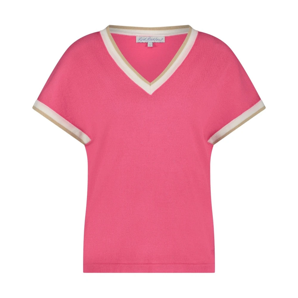 Red Button Roze V-hals Shirt met Gekleurde Rand Pink Dames