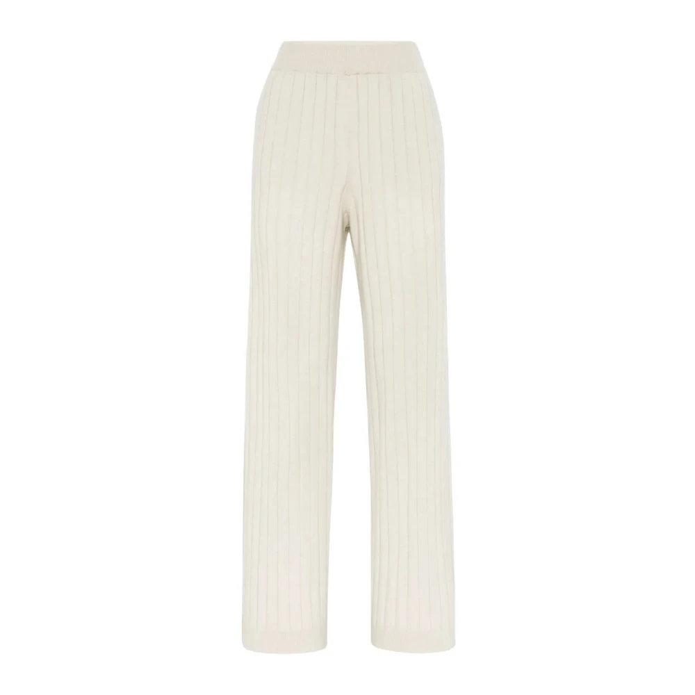 Brunello Cucinelli Women's Beige Cashmere Flat Rib Knit Trousers With Monili