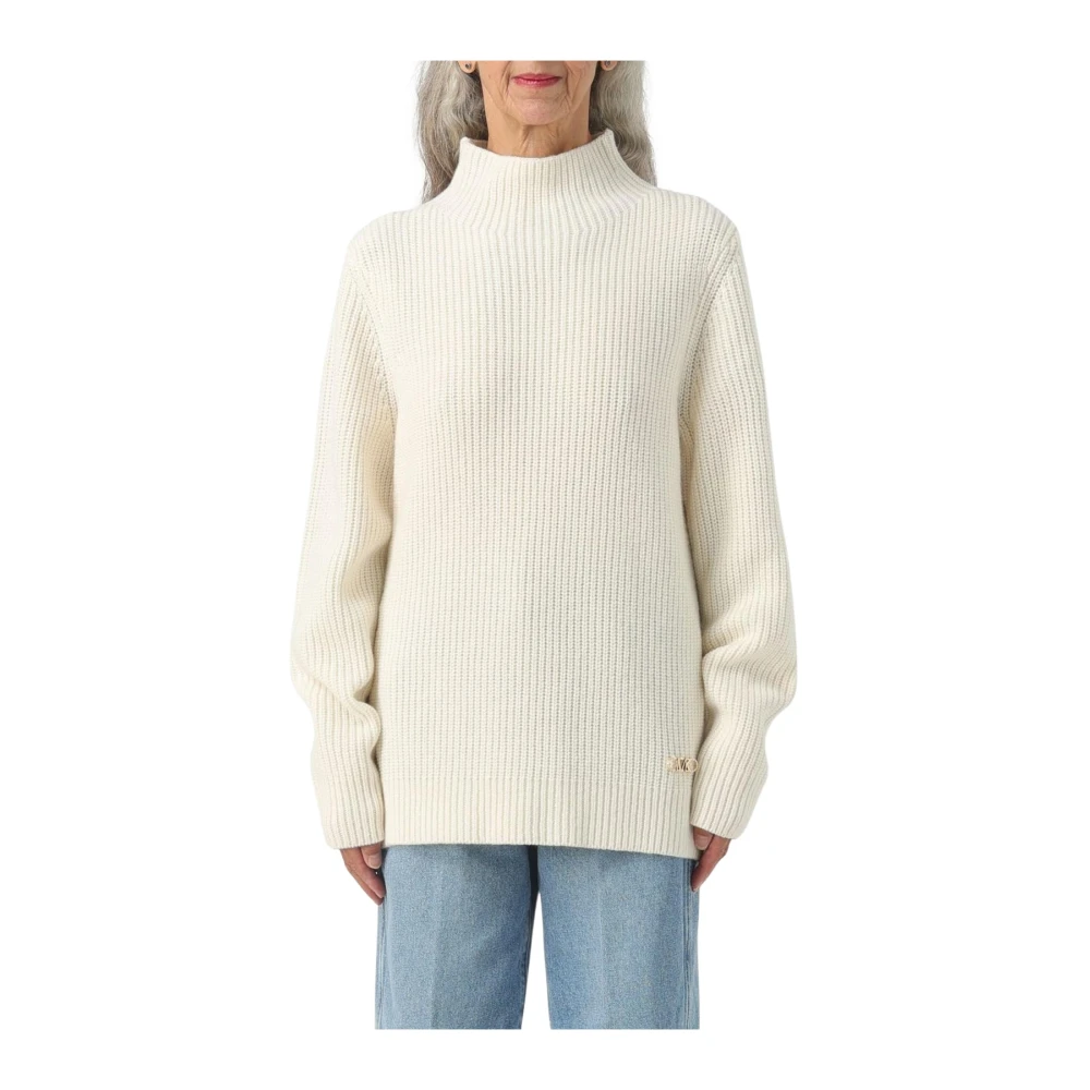 Michael Kors Beige Turtlenecks, Female, M, Ribbed Mock Neck Merino Wool Pullover