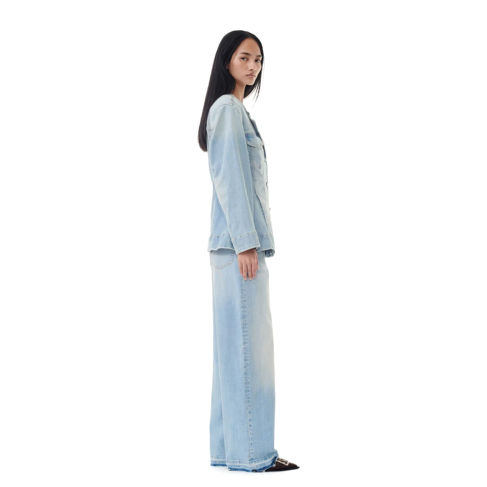 Ganni Blauwe Katoenen Blazer met V-Hals Blue Dames