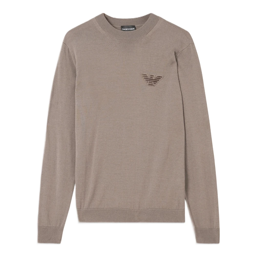 Emporio Armani Herr Brun Stickade Tröjor 2XL, Finstickad Rundhalsad Tröja I Ull