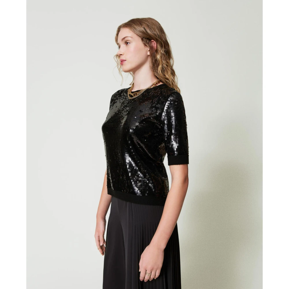 Twinset Zwarte pailletten geborduurde wollen shirt Black Dames