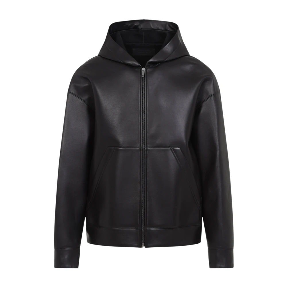 Valentino Garavani Zwarte Lamsvacht Leren Hoodie Jas Black Heren