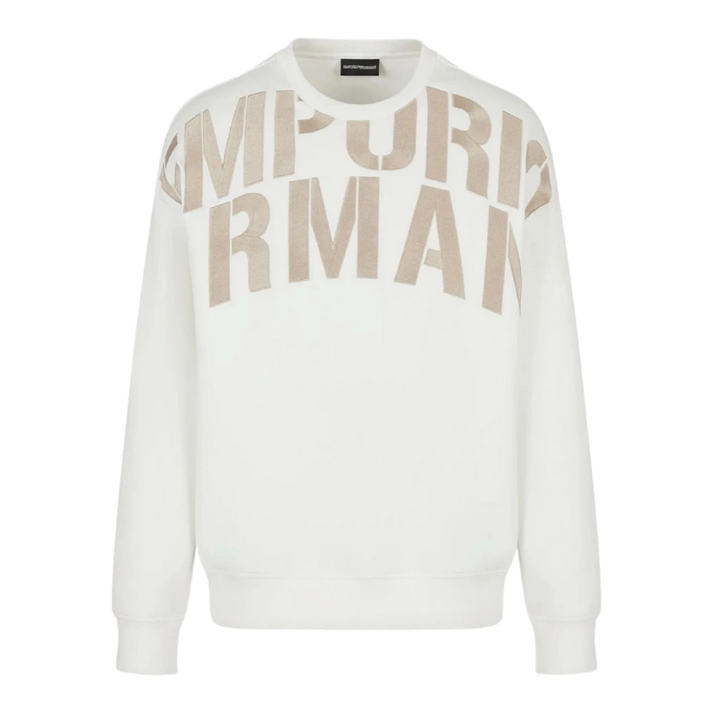 Emporio Armani Vit Dubbel Jersey Sweatshirt med Broderad Maxi Logo Text White, Herr