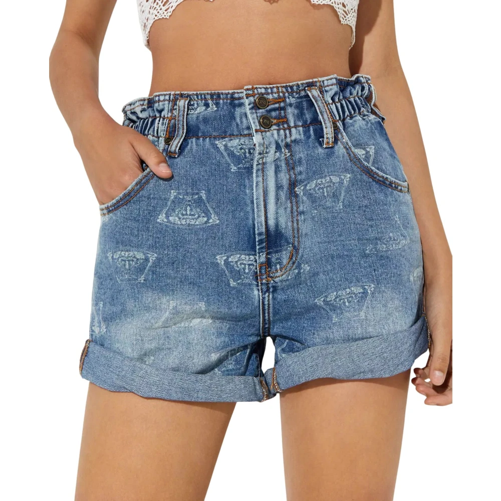 One Teaspoon High Waist Denim Shorts Omgeslagen Zoom Blue Dames