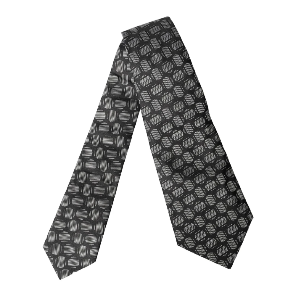 Dolce & Gabbana Dark Gray White Geometric Silk Adjustable Women Necktie Tie - Image 2