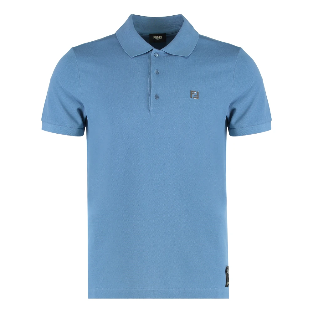 Fendi Men's Blue Cotton Polo Shirt With Ribbed Edges