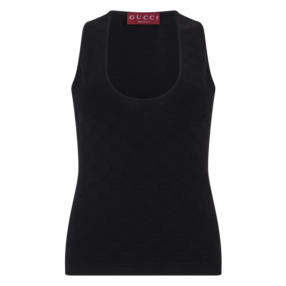 Gucci Women's Black Sleeveless Tops, M, Elastic Gg Jacquard Tank Top