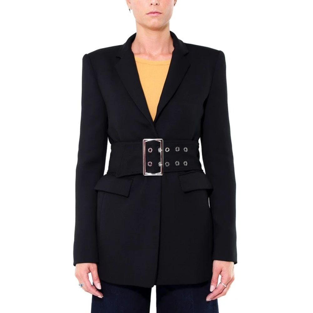 Pinko Lange Twill Zwarte Blazer met Riem Black Dames