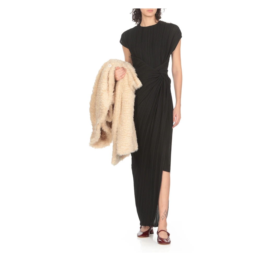 Lanvin Zwarte Geplooide Jurk Ronde Hals Korte Mouwen Black Dames