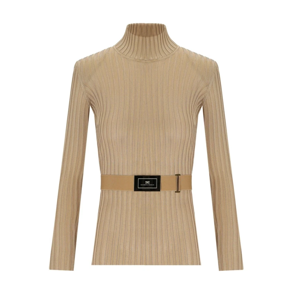 Elisabetta Franchi Kameel Geribbelde Ceintuurtop Beige Dames