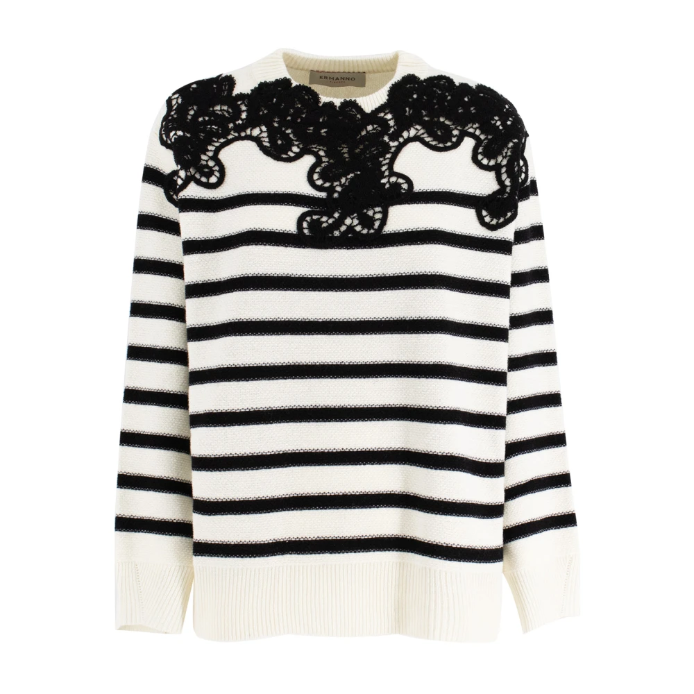 Ermanno Scervino Gestreepte wollen trui met kanten applicatie White Dames