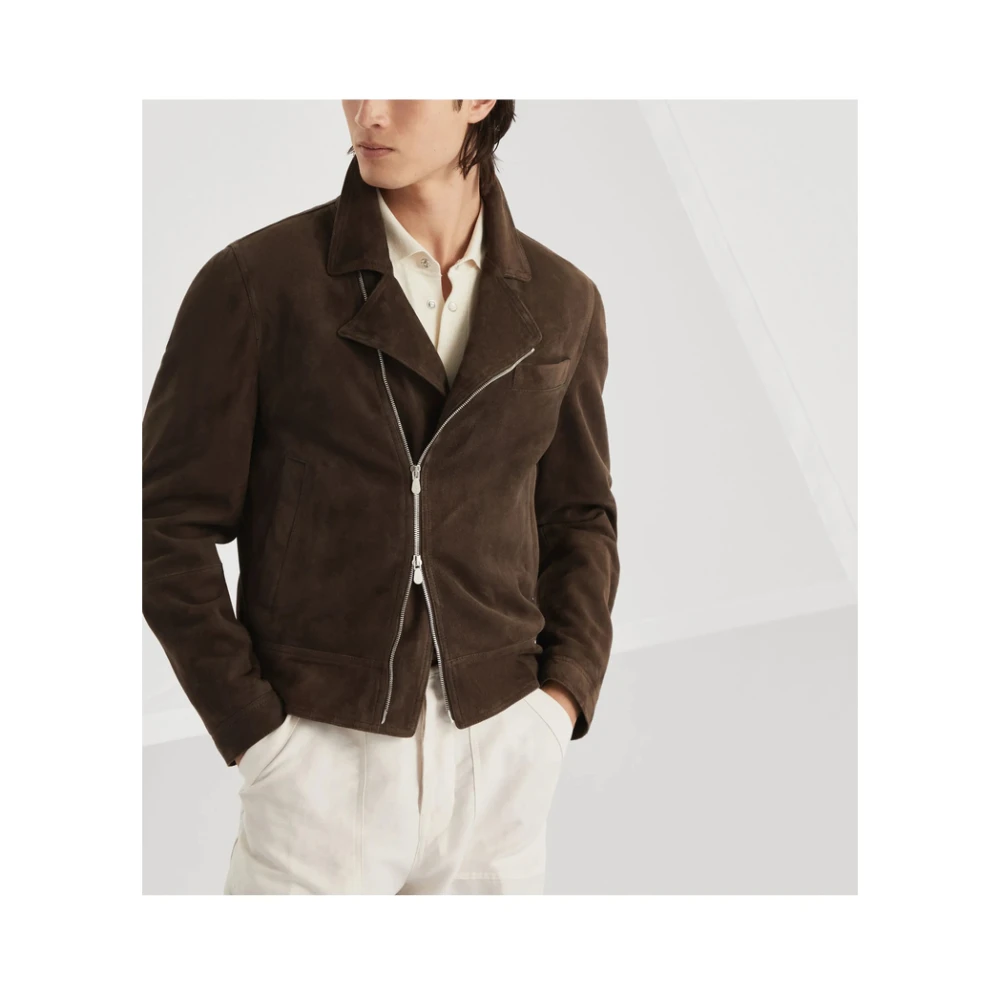 BRUNELLO CUCINELLI Bruin Leren Jas Met Ritszakken Brown Heren