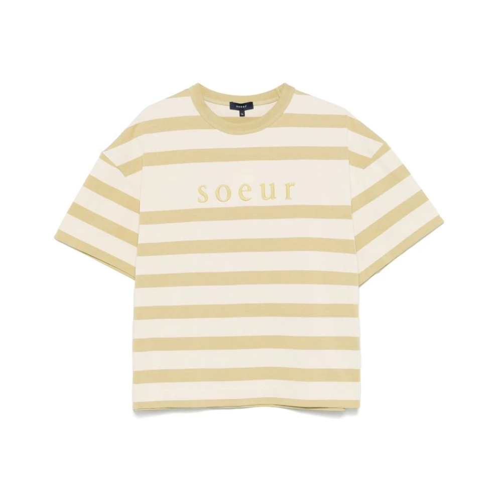 Soeur Gestreept Crew Neck Geborduurd T-shirt Beige Dames