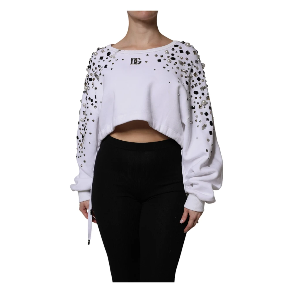 Dolce & Gabbana White Sweatshirts, Female, S, Embellished Cropped Jumper