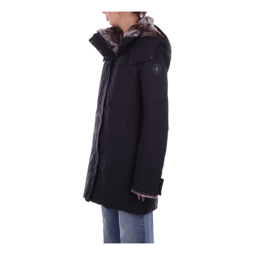 Save The Duck Zwarte jas met capuchon rits knoop zakken Black Dames
