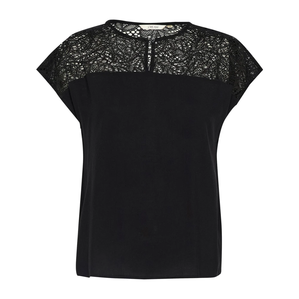 Cream Pitch Black Blouse met Kant Detail Black Dames