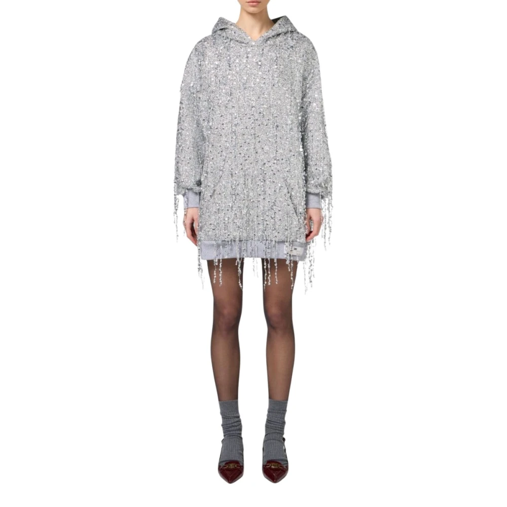 Elisabetta Franchi Geborduurde Mini Jurk met Pailletten Franjes Gray Dames