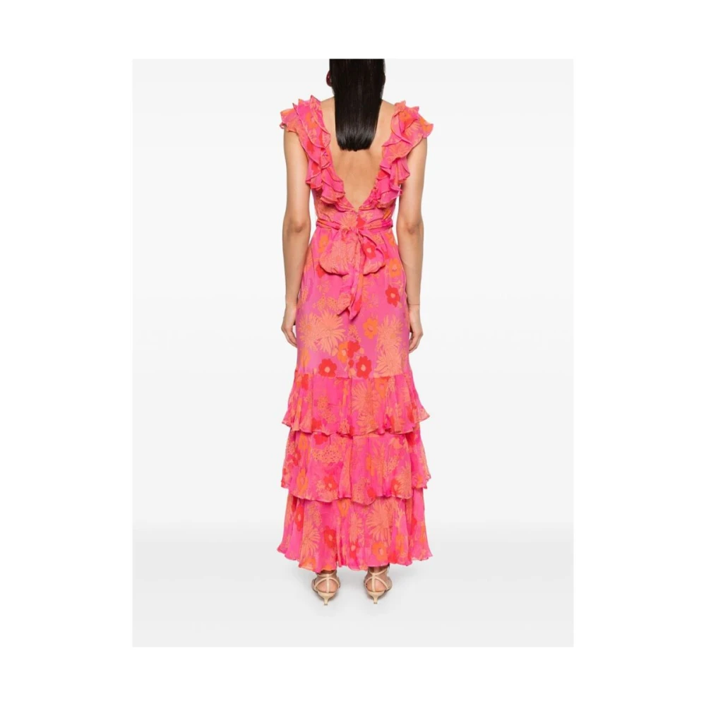 Rixo Bloemenprint zijden jurk met ruches Pink Dames