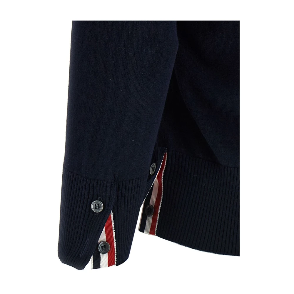 Thom Browne Blauwe V-hals trui met kenmerkende strepen Blue Dames