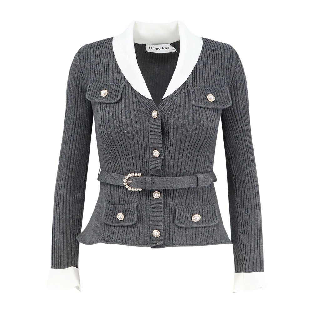 Self Portrait Women's Gray Ribbed Knit Cardigan - Cardigans - M - Knitwear