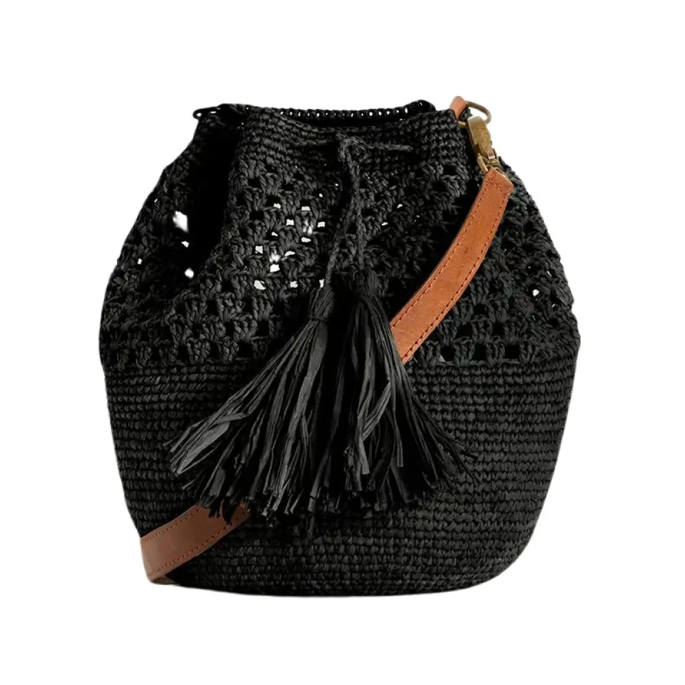 Ibeliv Gehaakte Raffia Tas met Leren Band Black Dames