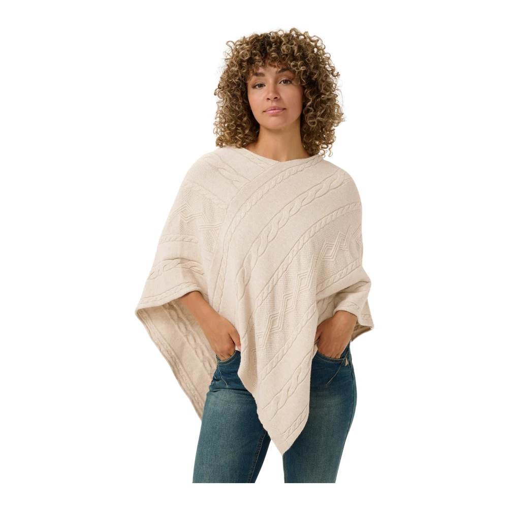 Cream Oversize Gebreide Poncho met Fijn Patroon Beige Dames