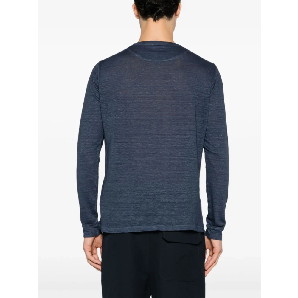 120% lino Blauw Linnen Crew Neck Lange Mouw Blue Heren