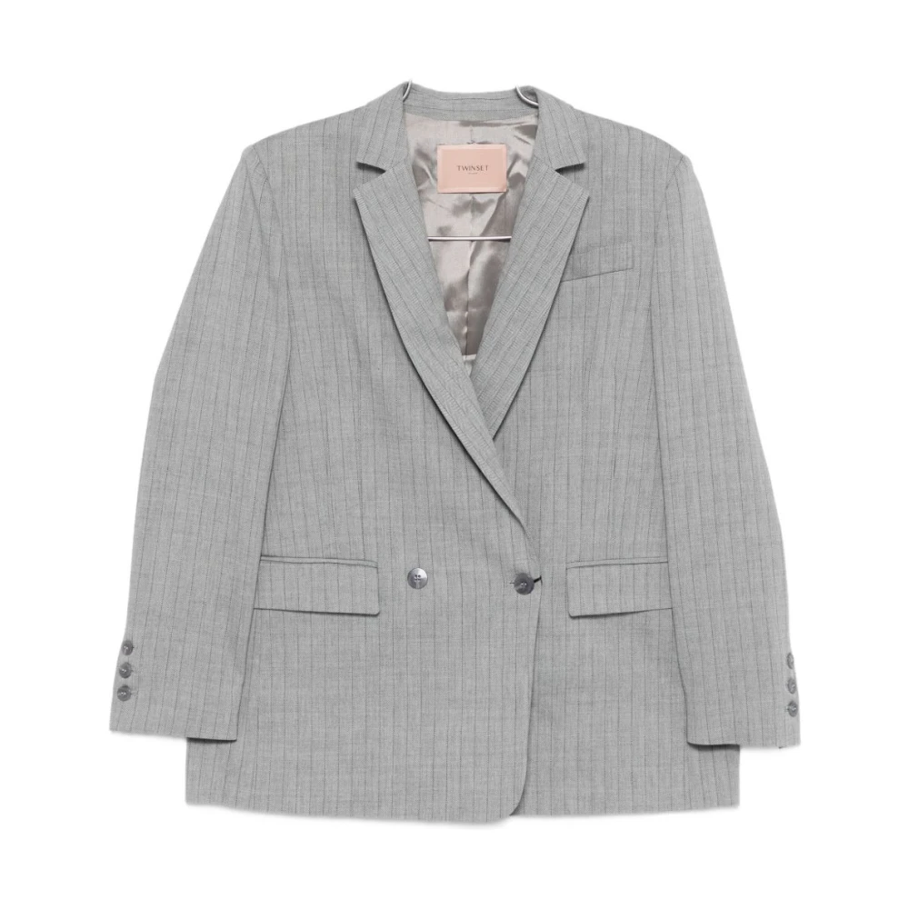 Twinset Women's Gray Double-Breasted Pinstripe Blazer In
