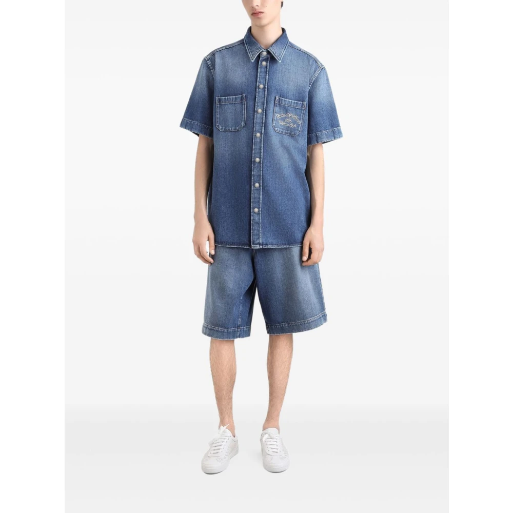 Dolce & Gabbana Blauw Voorknoopshirt Logo Print Blue Heren
