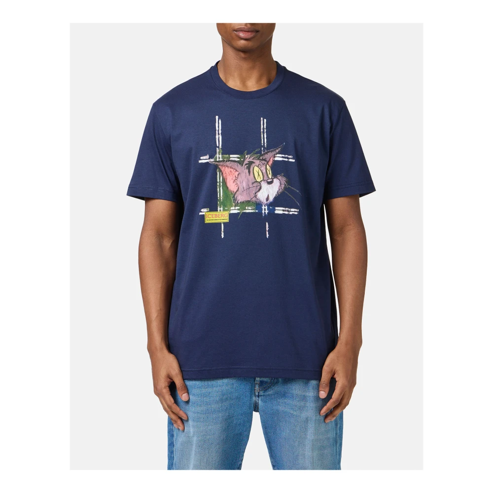 Iceberg Klassiek regular fit blauw T-shirt van katoenen jersey met Tom-print op de voorkant Blue Heren