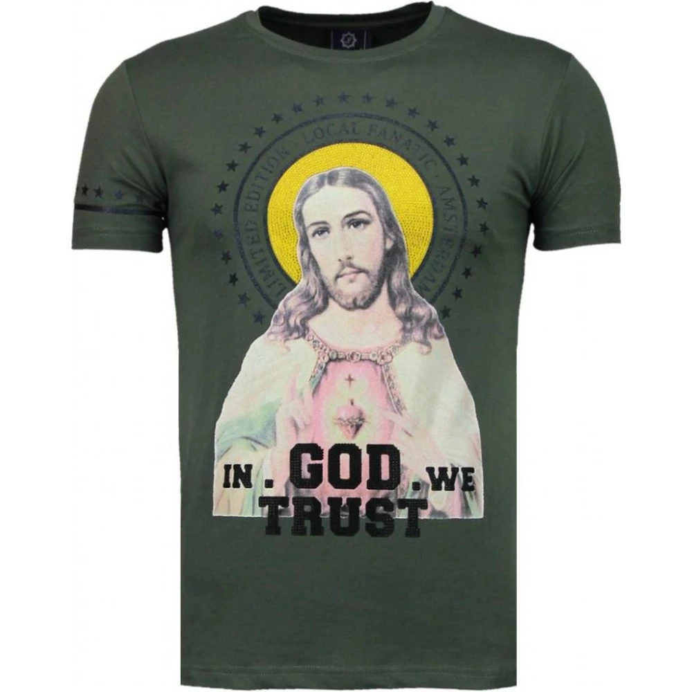 Local Fanatic Jesus God Trust Rhinestone - Man T Shirt - 5094G Green, Herr