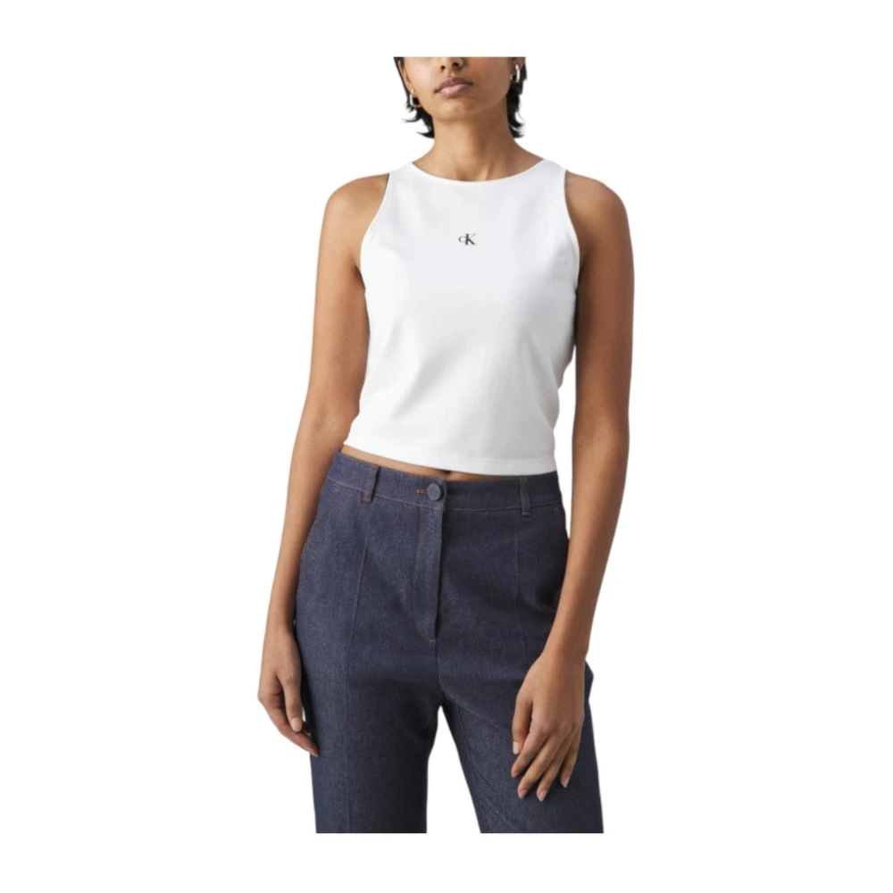 Calvin Klein Women's White Sleeveless Tops, L, Retro Modern Sleeveless Shirt