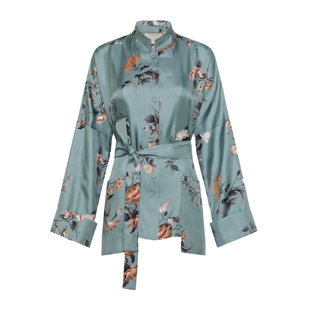 Momoni Zijden twill Koreaanse kraagjas met riem en voorzakken Blue Dames