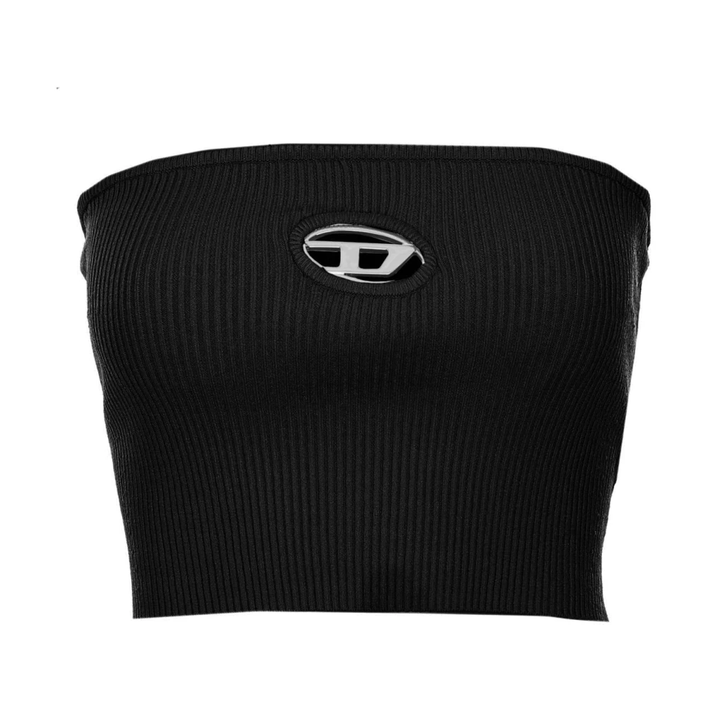 Diesel Geribbeld Bandeau Top met Metalen Logo Plaque Black Dames