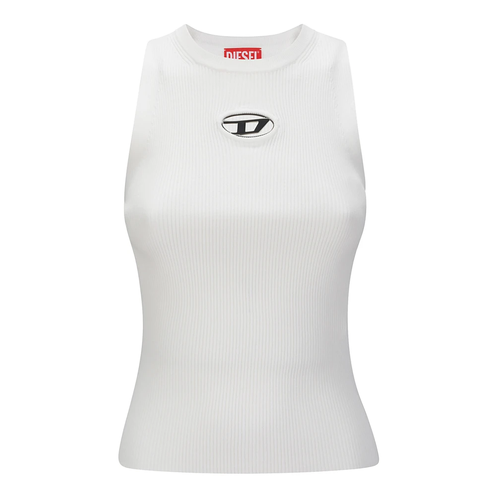 Diesel Vrouw Wit Tops Dames, 2XS, Polyester, Geribbelde Top Met Ronde Hals En Metallic Logo