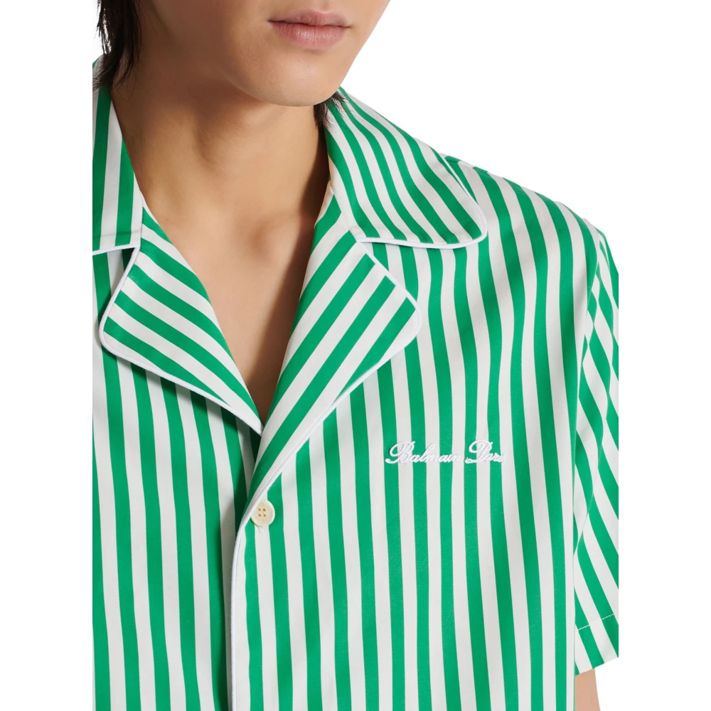 Balmain Kortemouw gestreepte katoenen pyjamashirt Green Heren