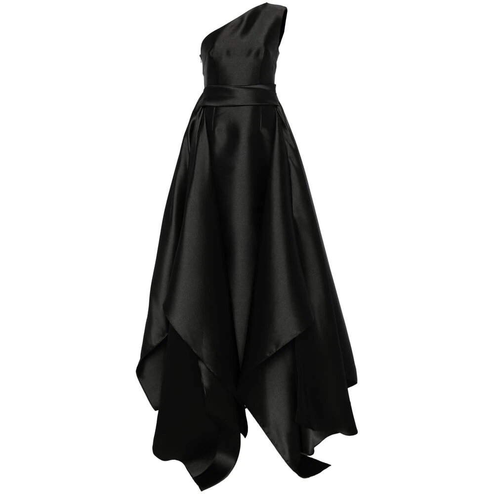 Solace London Zwarte Satijnen One-Shoulder Jurk met Ceintuur Black Dames