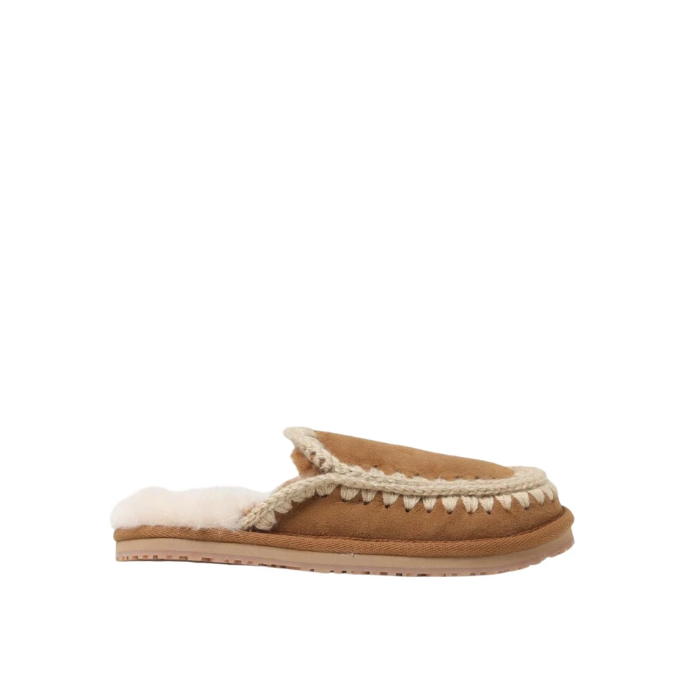 Mou Women's Brown Shearling Mule Slippers Crochet Detail
