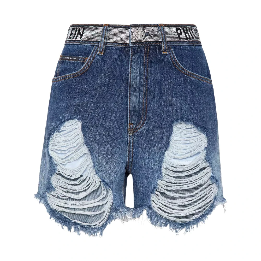 Philipp Plein Blå Distressed Denim Shorts Blue, Dam