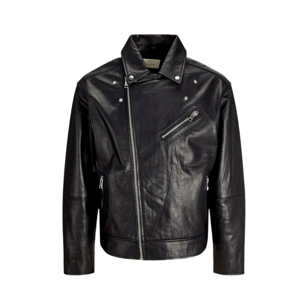Jack & Jones Men's Black Leather Jackets, L, Leather Biker Jacket