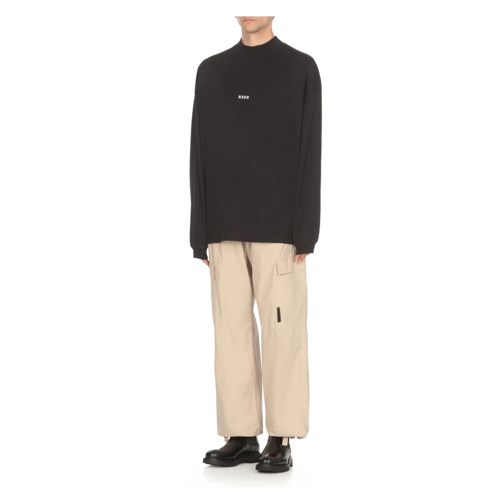 Msgm Zwart Katoenen T-shirt Hoge Hals Lange Mouwen Black Heren