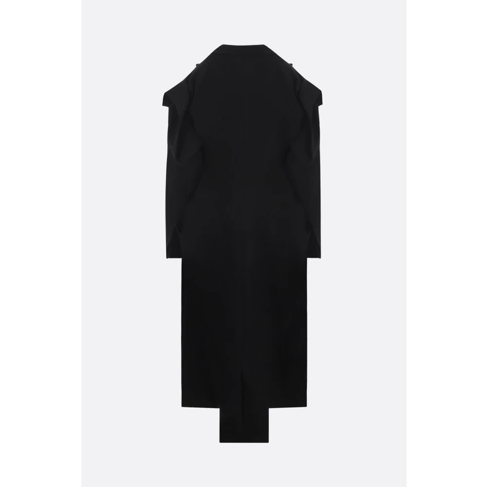 Yohji Yamamoto Zwarte Wollen Flanellen Overlappende Jas Black Dames