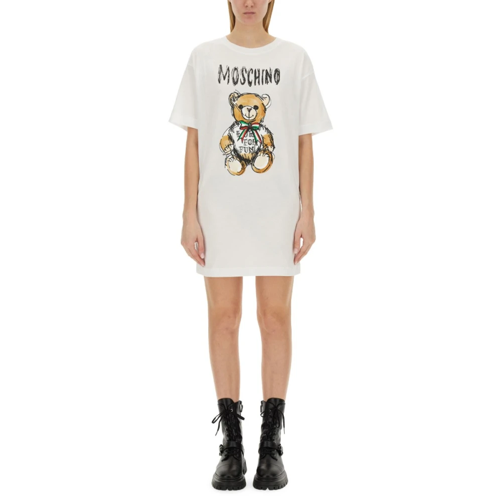 Moschino Vit Teddy Bear Bomullsklänning