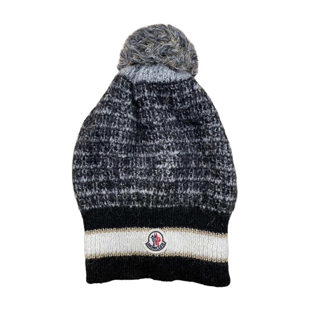 Moncler Zwarte Wollen Blend Beanie Hoed Blue Heren
