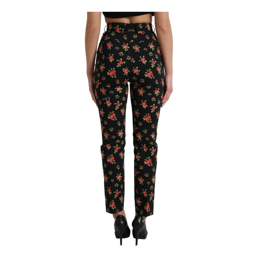 Dolce & Gabbana Zwarte Bloemen Hoge Taille Tapered Broek Multicolor Dames