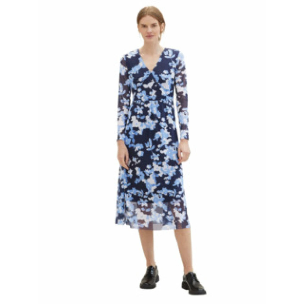 Tom Tailor Gedrukte Mesh Wikkeljurk Blue Dames