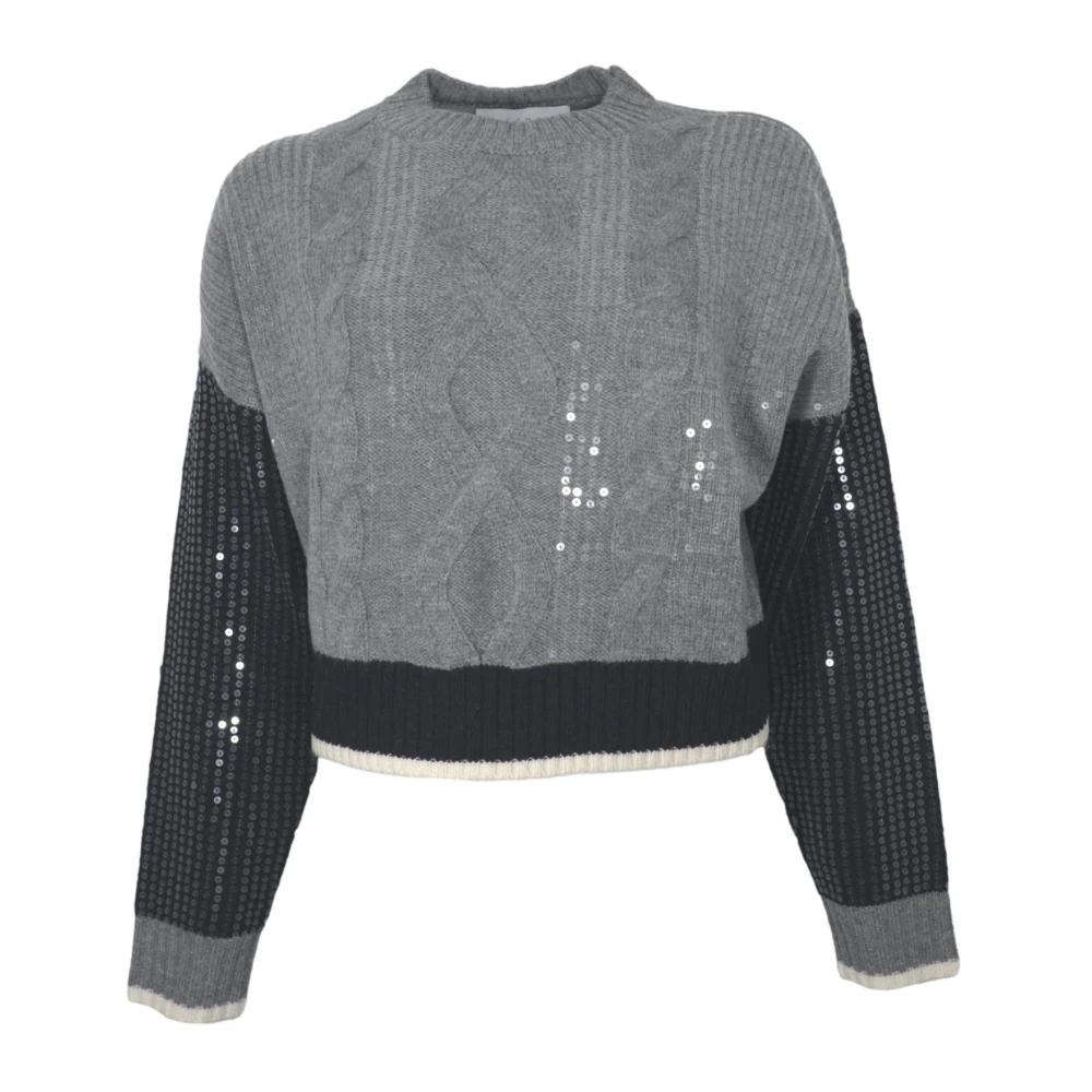 Kaos Paillet Ronde Hals Sweater Grijs Zwart Gray Dames